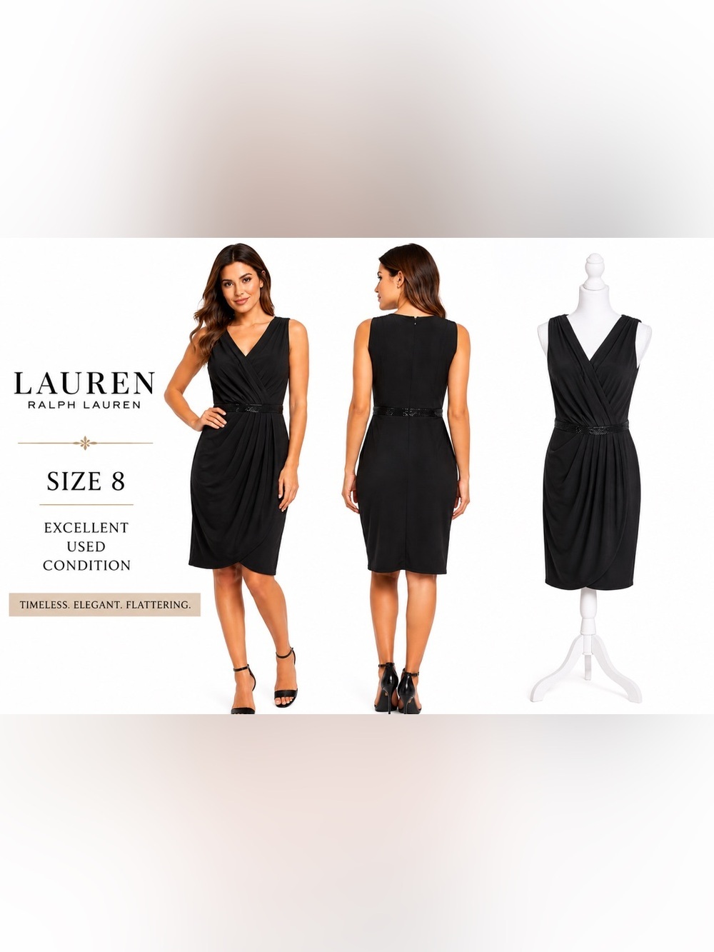Ralph Lauren Black Draped Faux Wrap Cocktail Dress Beaded Waist Sleeveless Sz 8